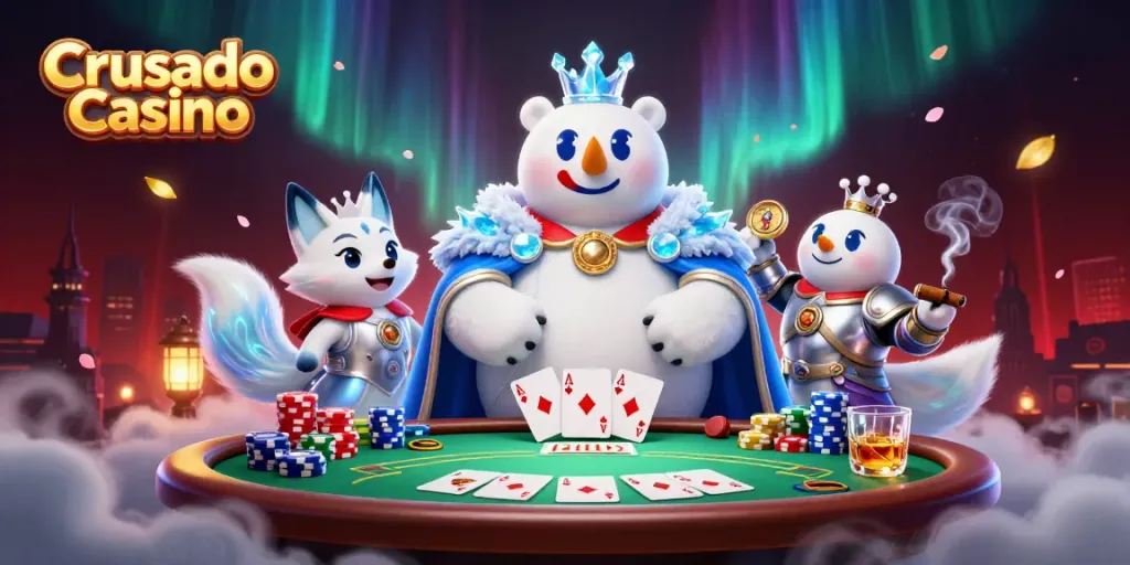 Venez découvrir l'univers ludique de Crusado Casino avec un roi des glaces et un renard en armure.