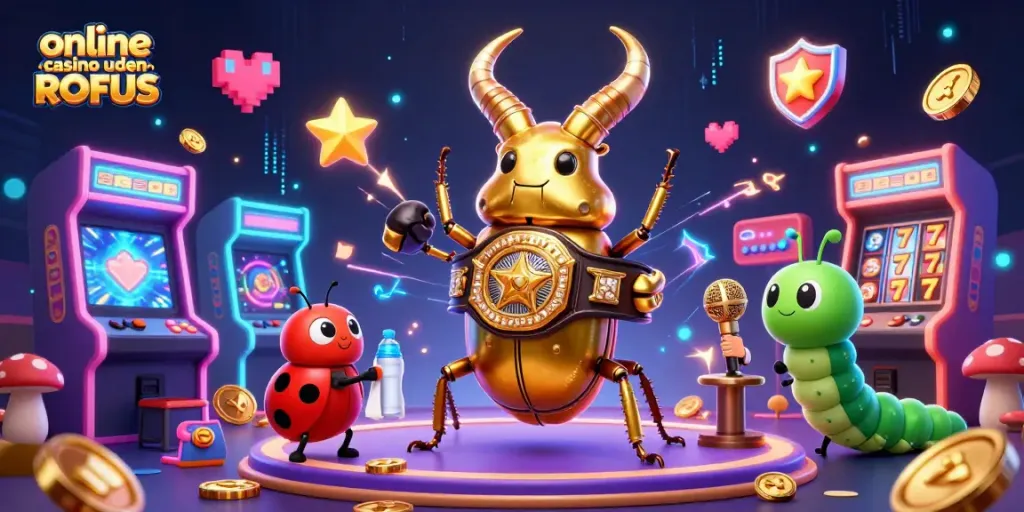 Experience online casino uden ROFUS with a vibrant illustration of a golden stag beetle champion amidst gaming elements.