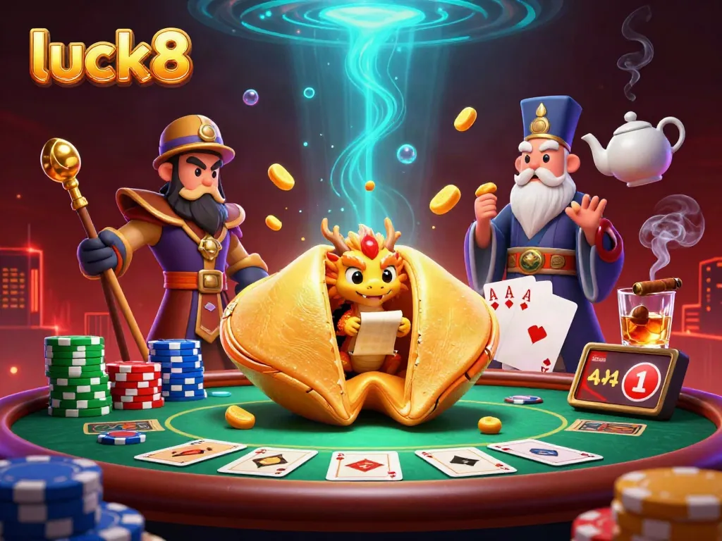 Experience the thrill of luck8 with a cartoon dragon and casino action in this vibrant illustration.