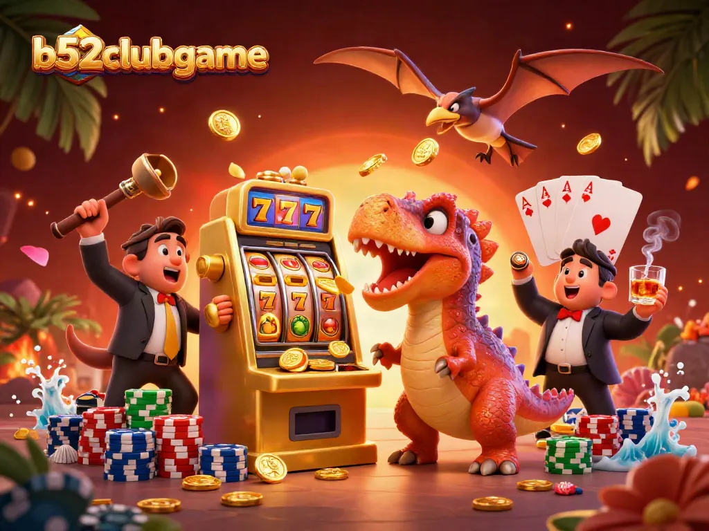 Experience casino excitement with b52clubgame as dinosaurs interact with a jackpot slot machine.
