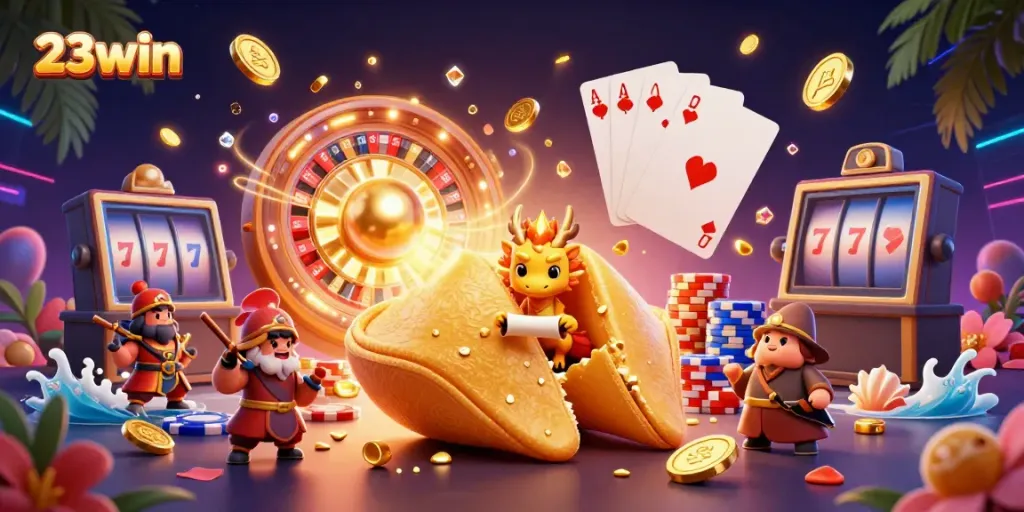 Engage with 23win's dynamic gaming scene featuring golden fortune cookies, coins, and dragon guardians.