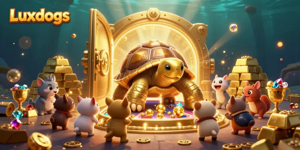 Play Luxdogs casino games with a vibrant scene of rewarding gold and jubilant characters.