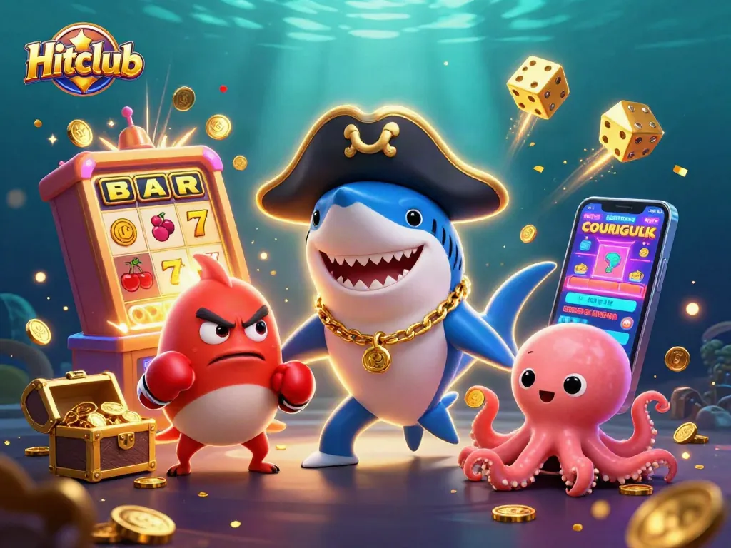 Hitclub showcases exciting games with a pirate shark, pufferfish, and octopus spreading coins.